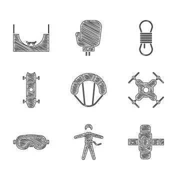 Set Parachute, Bungee jumping, Knee pads, Drone flying, Ski goggles, Longboar Illustrazione stock
