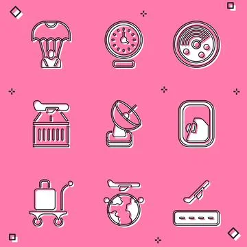 Set Parachute, Clock, Radar with targets on monitor, Plane, Airplane window Stock Illustration