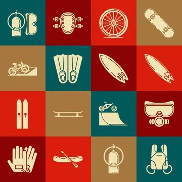 Set Parachute, Diving mask, Surfboard, Bicycle wheel, Rubber flippers for Stock Illustration