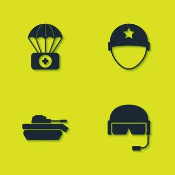 Set Parachute with first aid kit, Military helmet, tank and icon. Vector Stock Illustration