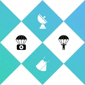 Set Parachute with first aid kit, Military dog tags, Radar and icon. Vector Illustrazione stock