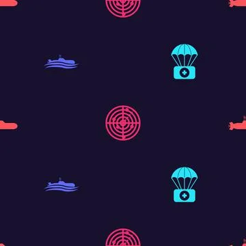 Set Parachute with first aid kit, Submarine, Radar targets and on seamless Illustrazione stock