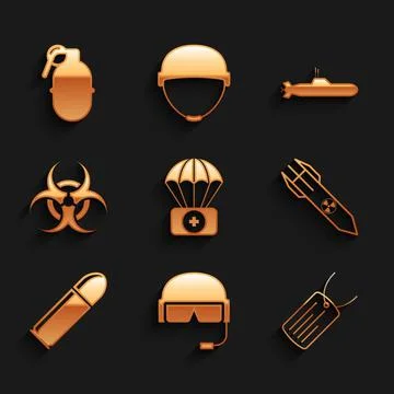 Set Parachute with first aid kit, Military helmet, dog tag, Nuclear rocket Illustrazione stock