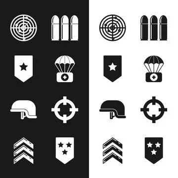 Set Parachute with first aid kit, Chevron, Radar targets, Bullet, Military Stockillustratie