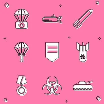 Set Parachute with first aid kit, Submarine, Rocket, Chevron, Biohazard bomb, Illustration