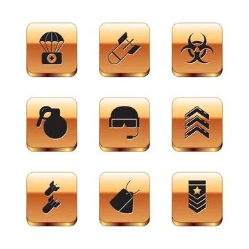Set Parachute with first aid kit, Aviation bomb, Military dog tags, helmet, Hand Stock Illustration