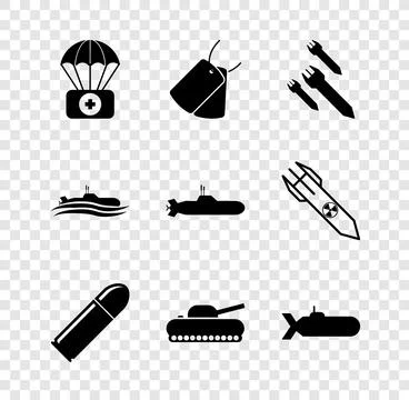 Set Parachute with first aid kit, Military dog tags, Rocket, Bullet, tank Illustrazione stock