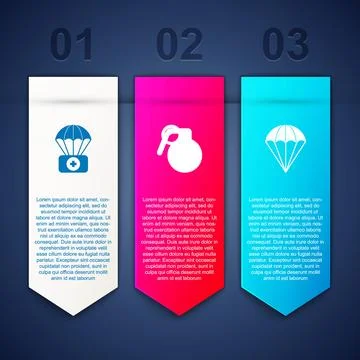 Set Parachute with first aid kit, Hand grenade and . Business infographic tem Illustration