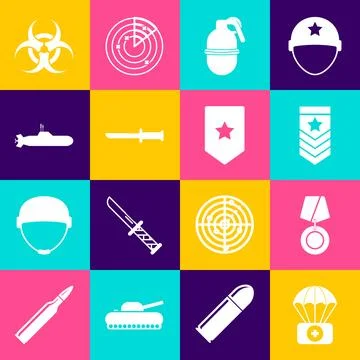 Set Parachute with first aid kit, Military reward medal, Chevron, Hand gren.. Stock Illustration