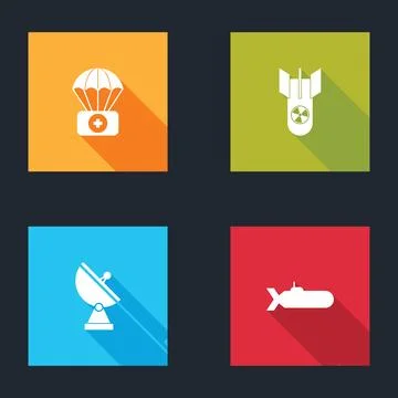 Set Parachute with first aid kit, Nuclear bomb, Radar and Submarine icon. Vec Ilustración de archivo