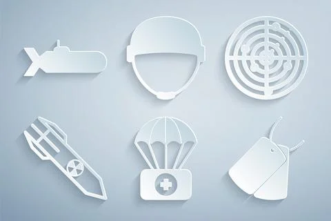 Set Parachute with first aid kit, Radar targets, Nuclear rocket, Military d.. Ilustración de archivo