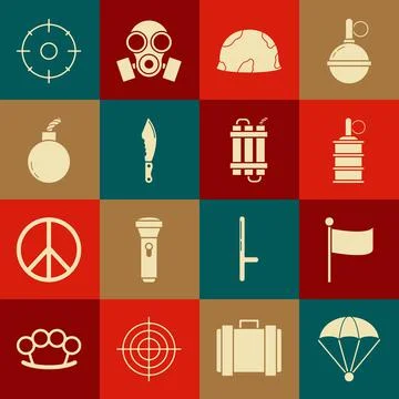 Set Parachute, Flag, Hand grenade, Military helmet, knife, Bomb ready to explode Stock Illustration