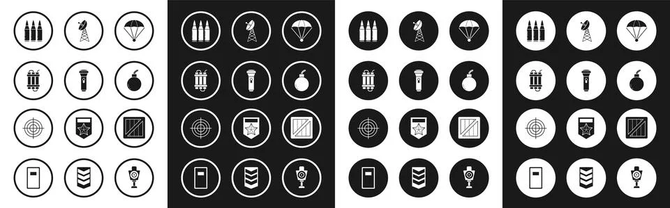 Set Parachute, Flashlight, Detonate dynamite bomb stick, Bullet, Bomb ready Stock Illustration
