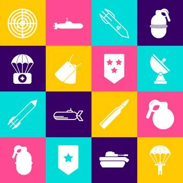Set Parachute, Hand grenade, Radar, Biohazard rocket, Military dog tags, with 库存插图