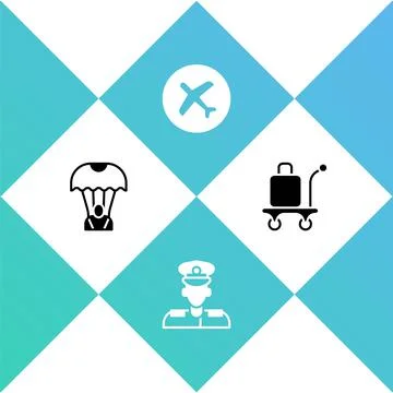 Set Parachute, Pilot, Plane and Trolley baggage icon. Vector Stock Illustration