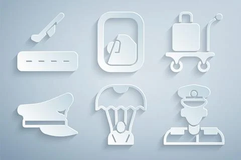 Set Parachute, Trolley baggage, Pilot hat, Airplane window and Plane takeoff  Stock Illustration