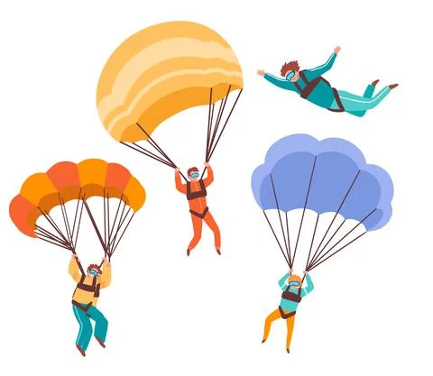 Set of parachutists in flat style. Man flying with parachute. Bright vector 스톡 일러스트