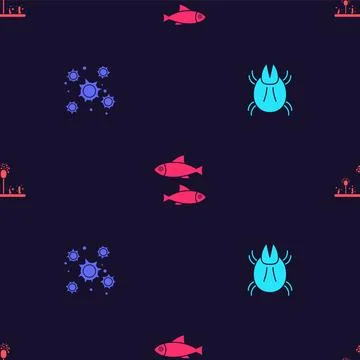 Set Parasite mite, Bacteria, Fish and Mold on seamless pattern. Vector Illustrazione stock