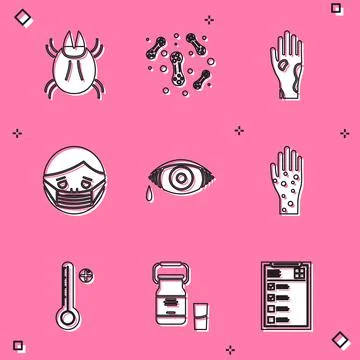 Set Parasite mite, Bacteria, Hand with psoriasis or eczema, Face in protective Illustrazione stock