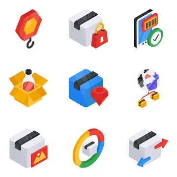 Set of Parcels and Packages Flat Isometric Icons Stock Illustration