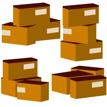 Set of parcels in cardboard boxes. Pile of brown objects. Stock Illustration