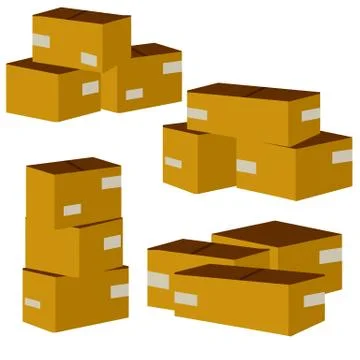 Set of parcels in cardboard boxes. Square carton. Cartoon flat illustration. Stock Illustration