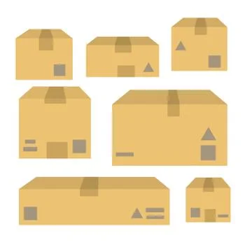 Set of parcels in cardboard boxes. Square carton. Cartoon flat illustration. Stock Illustration