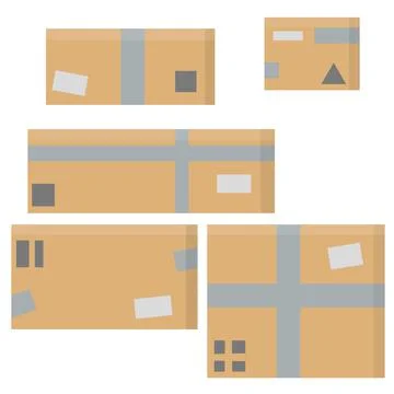 Set of parcels in cardboard boxes. Square carton. Cartoon flat illustration. Illustrazione stock