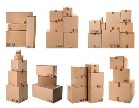 Set of parcels with different packaging symbols on white background Stock Photos