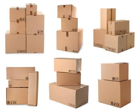 Set of parcels with different packaging symbols on white background Stock Photos