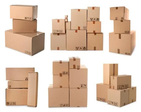 Set of parcels with different packaging symbols on white background Stock Photos