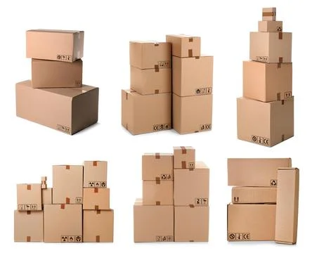 Set of parcels with different packaging symbols on white background Stock Photos