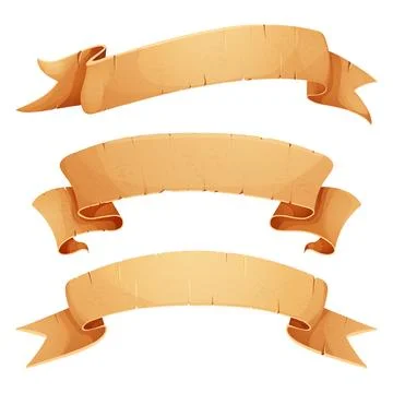 Set Parchment paper scroll ribbon, old vintage banner game ui element in cartoon Stock Illustration