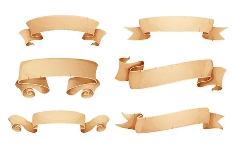 Set Parchment paper scroll ribbon, old vintage banner game ui element in cartoon Illustrazione stock