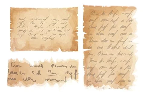 Set Parchment paper, torn pieces, old sheetwith unreadble scrit in cartoon style Stock Illustration
