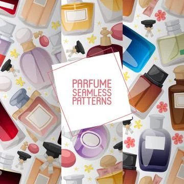 Set of parfume bottles on white background with flowers set of seamless patterns Stock Illustration