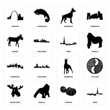 Set of paris, pumpkin, moose head, doberman, minnesota, donkey, missouri icon Free Stock Illustration