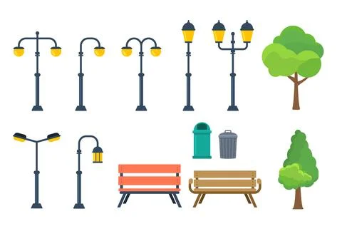 Set of park elements with street lamps and benches. Trees, trash bins, and Ilustración de archivo