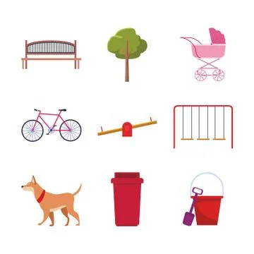 Set of park objects and dog, flat design Ilustração Stock