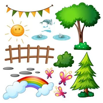 Set of park objects and elements isolated on white background Ilustración de archivo