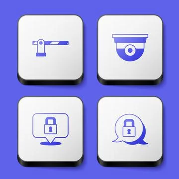 Set Parking car barrier, Security camera, Lock and  icon. White square button Stock Illustration