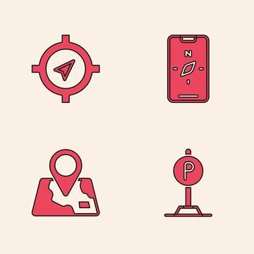 Set Parking, Compass, on mobile and Folded map with location marker icon. Vector 스톡 일러스트