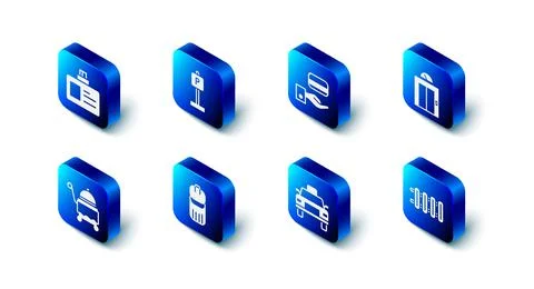 Set Parking, Digital door lock, Lift, Heating radiator, Taxi car, Trash can Ilustración de archivo