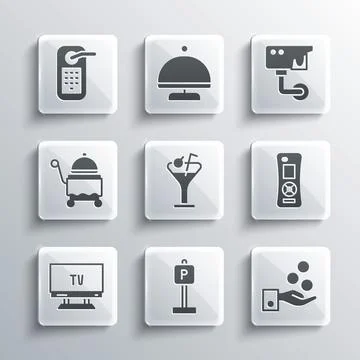 Set Parking, Paying tips, Remote control, Martini glass, Smart Tv, Covered with Illustration