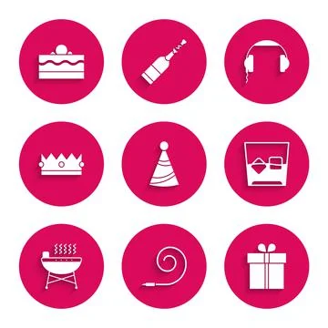 Set Party hat, Birthday party horn, Gift box, Glass of whiskey and ice cubes Stock-Illustration