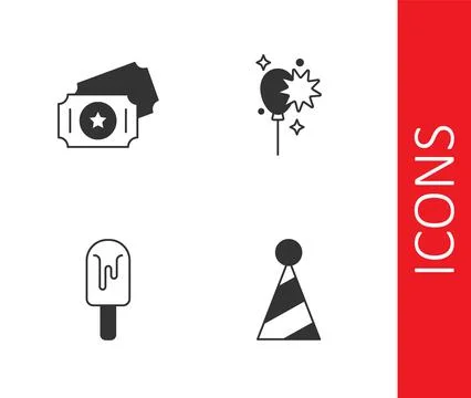Set Party hat, Circus ticket, Ice cream and Balloons with ribbon icon. Vector Stock Illustration