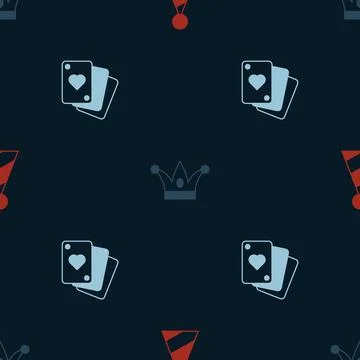 Set Party hat, Jester with bells and Playing cards on seamless pattern. Vecto Stock Illustration