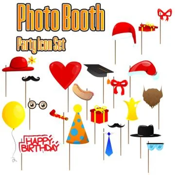 Set of party photobooth props. Vector illustrated elements on sticks for birt Illustrazione stock