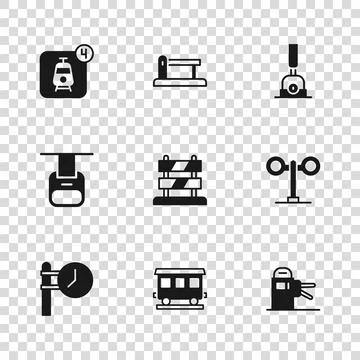 Set Passenger train cars, Train traffic light, Turnstile, End of railway tr.. 스톡 일러스트