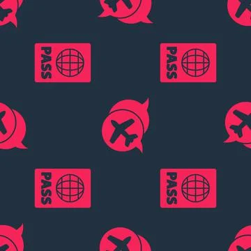 Set Passport and Speech bubble with airplane on seamless pattern. Vector Stock Illustration